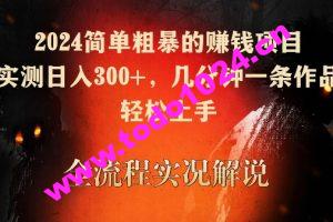 2024简单粗暴的赚钱项目，实测日入300+，几分钟一条作品，轻松上手【揭秘】