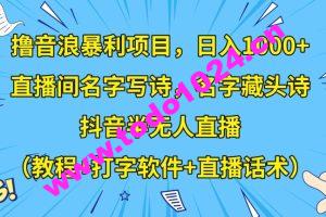 撸音浪暴利项目，日入1000+，直播间名字写诗，名字藏头诗，抖音半无人直播（教程+打字软件+直播话术）【揭秘】